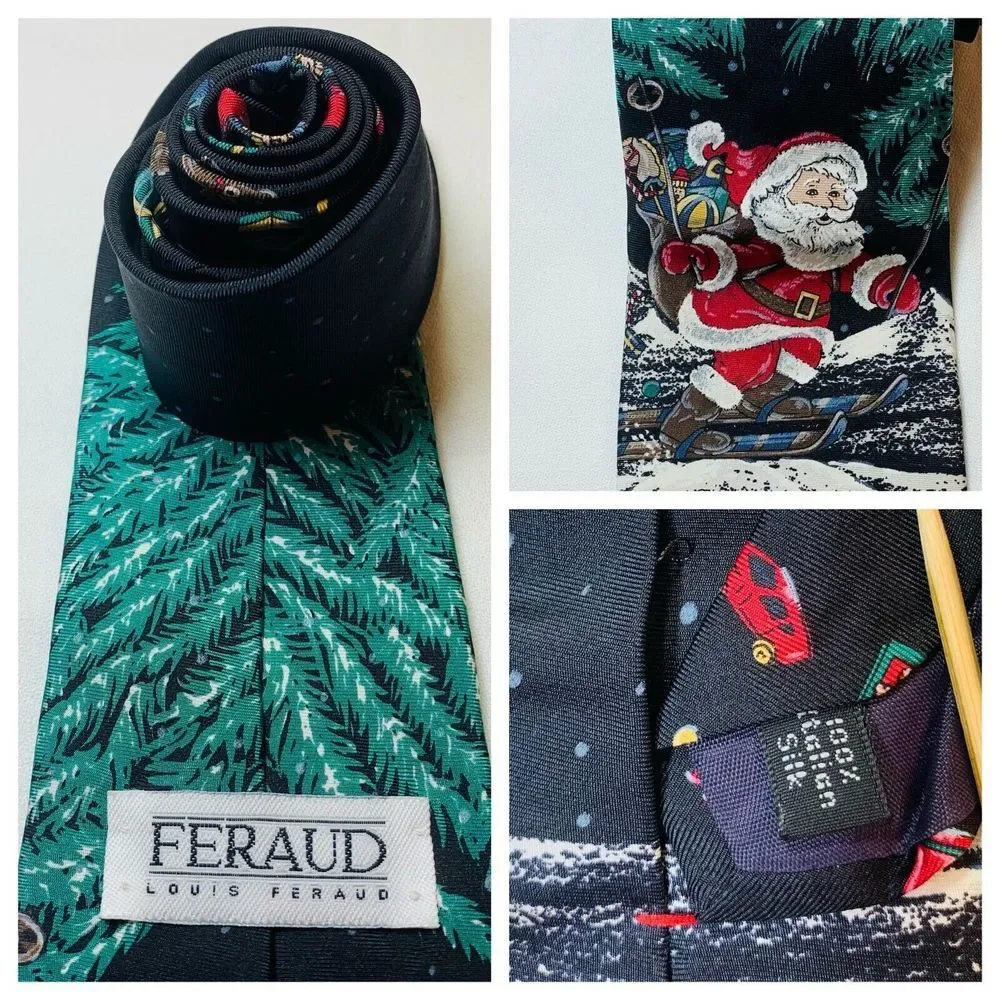 Louis Feraud Christmas Silk Necktie Tie Santa Claus Skis Skiing Outdoorsy Office